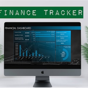 May include: A computer screen displaying a financial dashboard with charts and graphs. The dashboard is titled "Financial Dashboard" and shows income, expenditure, savings, and charity giving to date. The screen is on a desk with a potted plant on either side. The text "FINANCE TRACKER" is displayed above the computer screen. The Microsoft Excel logo is displayed in the lower right corner of the image.