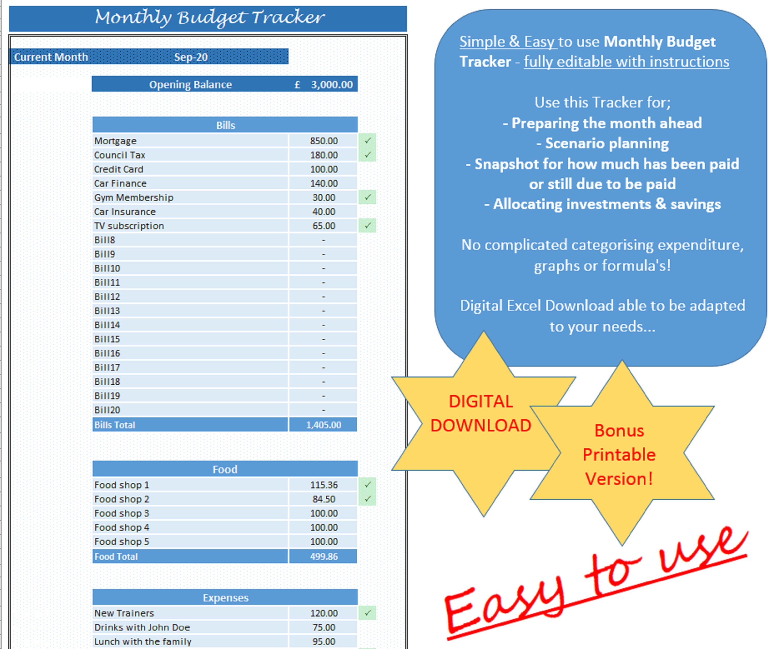 Excel Budget Planner | Expense & Bill Tracker | Monthly Template ...