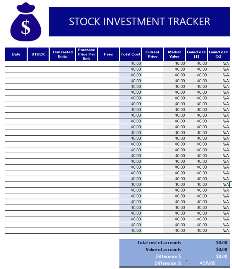 Investment Tracker Excel Template Instant Download Editable Spreadsheet