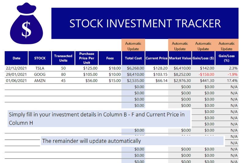Investment Tracker Excel Template Instant Download Editable Spreadsheet