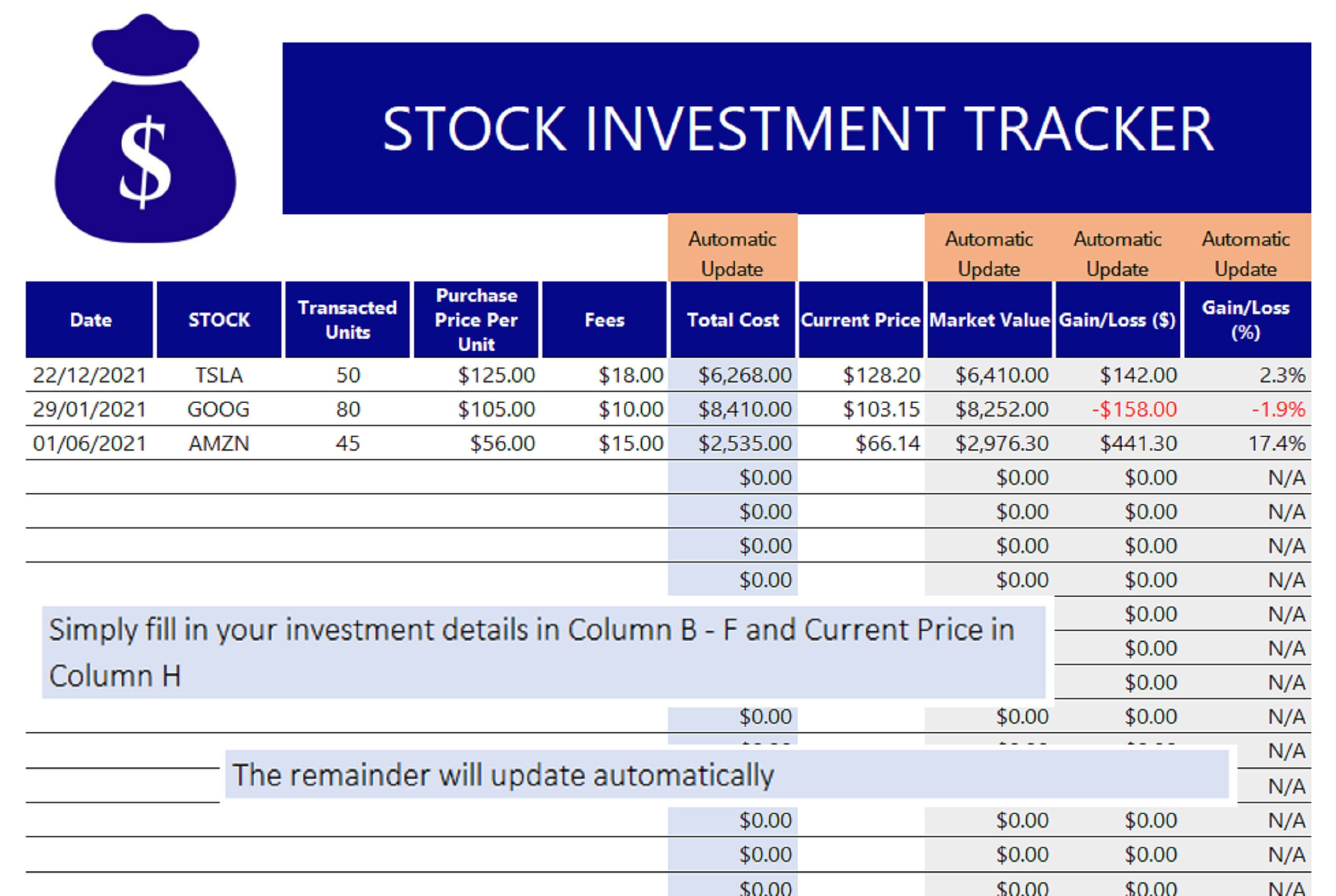 Investment Tracker Excel Template Instant Download Editable