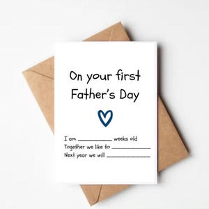 Première carte imprimable pour la fête des pères - À remplir à partir de bébé - « J'ai ___ semaines » - Téléchargement instantané avec coeur bleu - Nouveau souvenir de papa