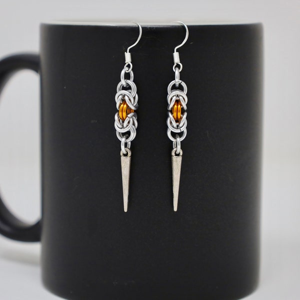 Chainmaille (Chain Mail) Icicle Earrings Dangle Earrings Drop Earrings with a hint of orange. Light Weight! Ready to Ship!