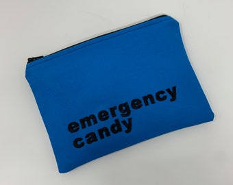 Embroidered and lined "Emergency Candy" Bag. Utility Bag, Craft Bag, Embroidered Bag, Zippered Bag in bright blue with Zipper