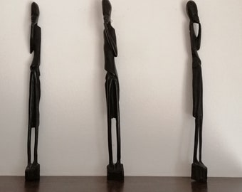 Vintage set of 3 Collectible African Male Statues hand carved from ebony wood 16 inch