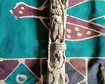 Vintage Hard-Carved Wood African Candle Holder Wild Animals