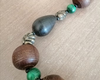 Vintage afrikanische Hand Made Halskette mit Pedant geschnitzt Holz Steine Messing