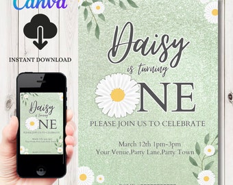 INSTANT DOWNLOAD Daisy Birthday Invitation | ONE Party Invite Template | first birthday Invite  | Editable Invitation | groovy | boho