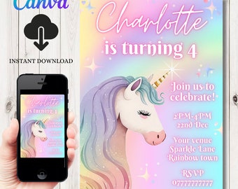 INSTANT DOWNLOAD unicorn Birthday Invitation | unicorn Party Invite Template | rainbow Invite  | Editable Invitation