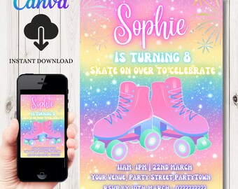 INSTANT DOWNLOAD roller skating Birthday Invitation | skate Party Invite Template | Skating Invite  | Editable Invitation |  Roller Rink