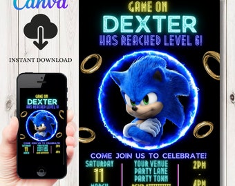 INSTANT DOWNLOAD Sonic Birthday Invitation | Digital Party Invite Template | Sonic the Hedgehog Birthday| Neon Gaming  Editable Invitation |