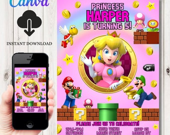 INSTANT DOWNLOAD Princess peach Birthday Invitation | Girls Mario Party Invite Template | Invite  | Editable Invitation | Super Mario