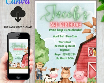 INSTANT DOWNLOAD FARM Birthday Invitation | Party Invite Template |Canva Invite | Farm Animal Birthday | Farm Party | Editable Invitation |