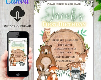 INSTANT DOWNLOAD Woodland Birthday Invitation | Party Invite Template |Canva Invite | Animal Birthday |Woodland Party | Editable Invitation
