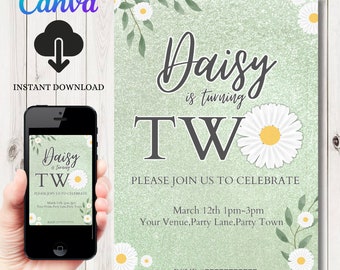 INSTANT DOWNLOAD Daisy Birthday Invitation | TWO Party Invite Template | 2nd birthday Invite  | Editable Invitation | groovy | boho