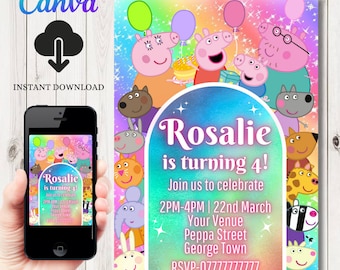 INSTANT DOWNLOAD Pig Birthday Invitation | Pig party Invite Template |  pig Invite  | Editable Invitation | sparkle