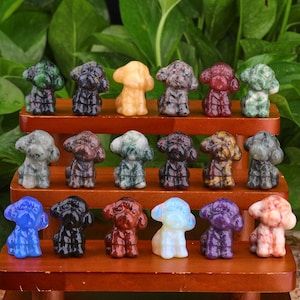 Könnte beinhalten: Eine Sammlung von 18 kleinen, handgeschnitzten Steinfiguren von Hunden in verschiedenen Farben, darunter Grün, Schwarz, Gelb, Braun, Rot, Blau, Lila und Weiß. Die Figuren sind in zwei Reihen auf einem Holzregal angeordnet.