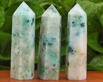 3.5-4" Phoenix Stone Obelisk Point Natural Chrysocolla Tower Crystal Wand Selenite Crystal Generator Polished Healing Crystal Home Decor