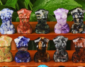 Pode incluir: Uma coleção de 15 pequenas estatuetas de pedra preciosa esculpidas em forma de torso feminino. As estatuetas estão dispostas em três filas de cinco em uma prateleira de madeira. As estatuetas são feitas de várias pedras preciosas, incluindo azul, verde, vermelho, marrom, preto e roxo.