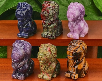 2" Gemstone Lion Figurines Hand Carved Miniature Stone Animal Figures Healing Crystal Home Decor