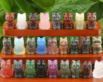 Gato de cristal de 1,2 ", 26 piedras preciosas naturales, figura de gato tallada, estatua de Animal tallada, decoración del hogar, regalo de decoración de animales