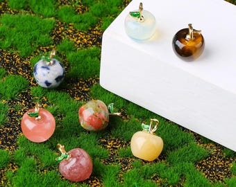 18 Types Mini Natural Crystal Apple Pendant – 12×18mm Gemstone Apple Charm with Gold Stem