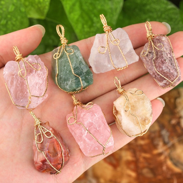 Raw Crystal Pendant Natural Healing Gemstone Wire Wrapped Necklace Rose Quartz Raw Nugget Birthstone Gemstone Drop Charm