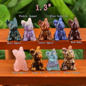 May include: Ten small, carved, polished, gemstone figurines of French Bulldogs, each approximately 1.3 inches tall. The figurines are arranged in two rows of five. The gemstones include Moss Agate, Purple Jasper, India Agate, Blue Sodalite, Red Ruby, Rose Quartz, Tiger Eye, Fluorite, and Ocean Jasper.