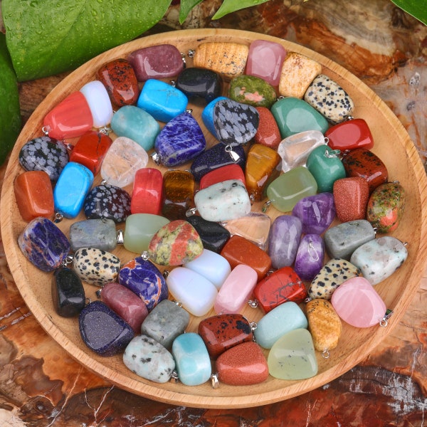 Freeform Smooth Tumbled Gemstone Pendant Silver Crystal Necklace Charms Wholesale DIY Beads Jewelry Making Supplies Drill Holes on Top