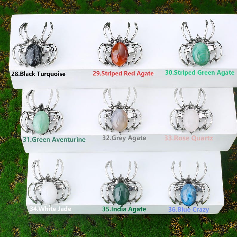 Handcrafted natural crystal spider featuring a polished gemstone body set in a finely crafted alloy spider frame. designed with natural stones creating a luxurious and artistic jewelry piece. The smooth gemstone surface and detailed spider legs give it a striking and elegant appearance. Perfect as a pendant necklace or brooch accessory symbolizing creativity, protection, and good fortune. Ideal for meditation energy healing, spiritual balance, fashion styling, gift giving, and decorative display