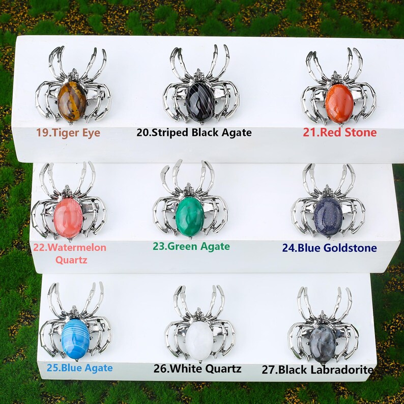 Handcrafted natural crystal spider featuring a polished gemstone body set in a finely crafted alloy spider frame. designed with natural stones creating a luxurious and artistic jewelry piece. The smooth gemstone surface and detailed spider legs give it a striking and elegant appearance. Perfect as a pendant necklace or brooch accessory symbolizing creativity, protection, and good fortune. Ideal for meditation energy healing, spiritual balance, fashion styling, gift giving, and decorative display