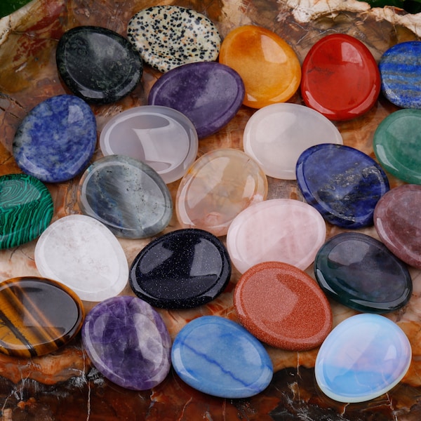 24 Kinds of Gemstone Worry Stone Carvings, Natural Gemstone Healing Chakra Crystal Tear Drop Worry Stones