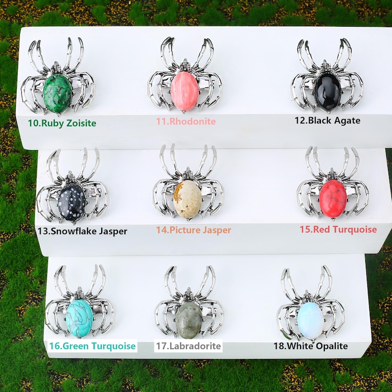 Handcrafted natural crystal spider featuring a polished gemstone body set in a finely crafted alloy spider frame. designed with natural stones creating a luxurious and artistic jewelry piece. The smooth gemstone surface and detailed spider legs give it a striking and elegant appearance. Perfect as a pendant necklace or brooch accessory symbolizing creativity, protection, and good fortune. Ideal for meditation energy healing, spiritual balance, fashion styling, gift giving, and decorative display