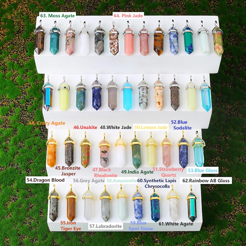 Puede incluir: Una colecci&oacute;n de colgantes de piedras preciosas en varios colores, incluyendo verde, rosa y azul, exhibidos en estantes blancos. Cada colgante tiene una tapa plateada y est&aacute; etiquetado con su tipo de piedra preciosa, como "Moss Agate" y "Pink Jade."