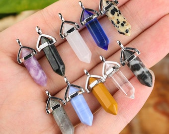 Batiyeer 20 Pcs Crystal Necklaces For Men Women, Hexagonal Pointed Chakra Pendant, Bullet Shape Quartz Crystal Natural Hexagon Stone Pendant, Black Leather Silver Gold Alloy Chain For Christmas Gifts