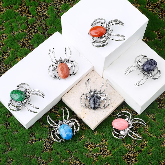 Natural Crystal Spider Brooch Pendant Necklace – Handmade Polished with 36 Kinds Gemstone, Healing Stone Meditation, Protection & Luck