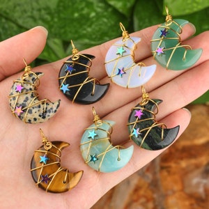 Crystal Moon and Star Pendant Healing Gemstone Wire Wrapped Necklace Stone Pendant Necklaces