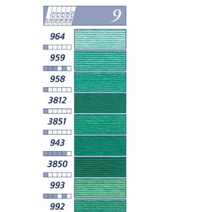 May include: A color chart displaying a range of green embroidery floss shades. The chart includes color numbers and corresponding thread samples, with a variety of light to dark green hues. The number "9" is in the upper right corner.