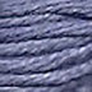 May include: Close-up of a textured, blue yarn. The yarn appears to be made of multiple strands, creating a slightly uneven surface. The color is a muted, dusty blue, with subtle variations in tone.