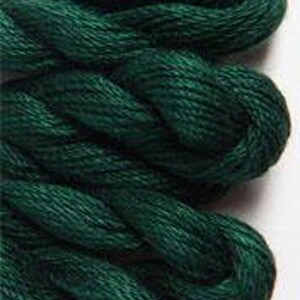 May include: A bundle of dark forest green embroidery floss featuring a multi-ply twisted thread construction. The deep green fibers are tightly wound into a thick, textured skein, showcasing the individual strands and the rich, saturated color.