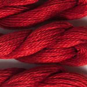 May include: Close-up of vibrant red embroidery floss, tightly wound and textured. The threads are a rich, saturated red, ideal for various crafting projects. The image highlights the thread's smooth, yet slightly twisted appearance.