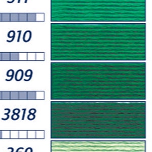 May include: Color chart featuring various shades of green embroidery floss. The chart displays a range of colors from light to dark green, with each color labeled with a number. Ideal for cross-stitch and embroidery projects.