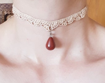 Gehäkelter Choker mit rotem Jaspis Stein, Halsband Halskette, handgemachter Schmuck