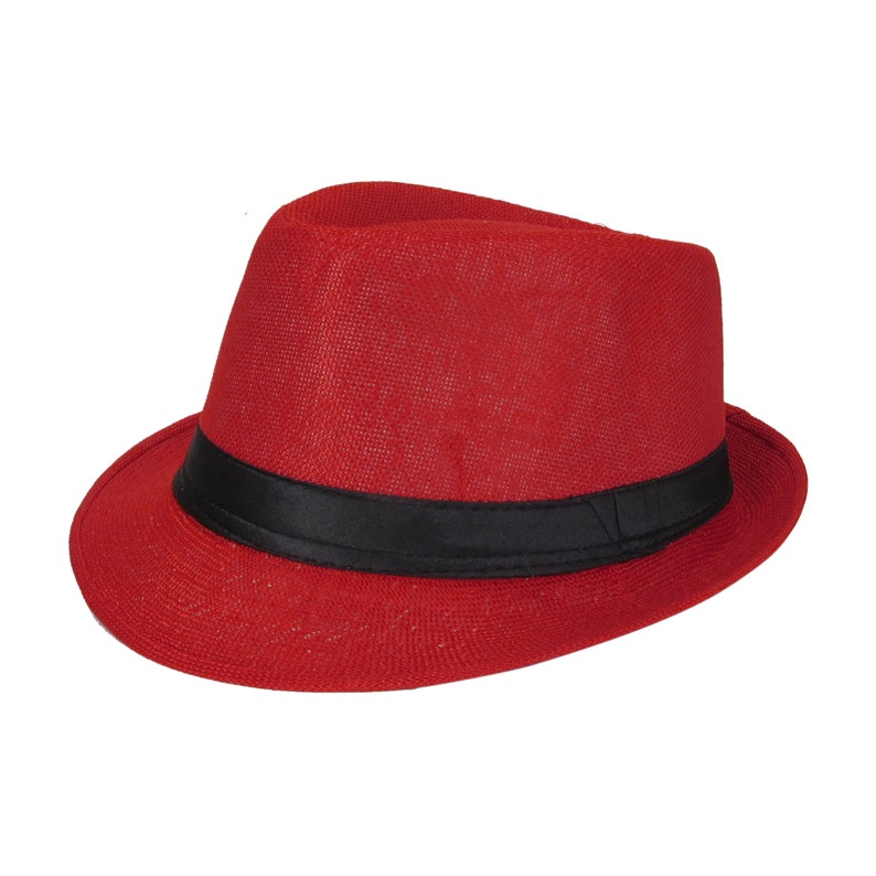 Red with Black Band Fedora Panama Trilby Cuban Style Upturn Short Brim Hat