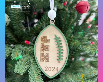 Personalized Wooden Football Ornament | Custom Team Colors, Name & Year | Laser Engraved and Hand-Painted | Keepsake Christmas Ornament