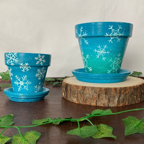 Snowflake Planter with Drainage Tray | Custom Winter Wonderland Terracotta Pot with Saucer | Hand-Painted Decorative Planter, Made-to-Order