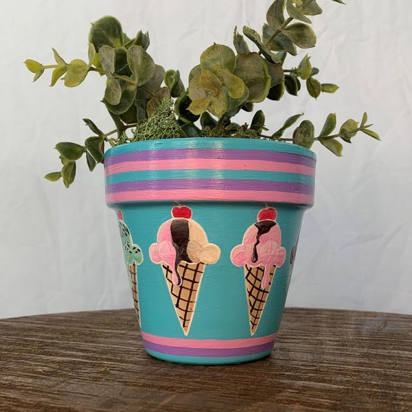 Ice Cream Cone Planter with Drainage Tray | Custom Ice Cream Terracotta Pot with Saucer | Hand-Painted Decorative Planter, Made-to-Order