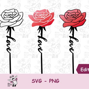 クリカット用のバラの茎の愛の文字の SVG ファイル | ライン アートの SVG カット ファイル | 手描きの編集可能な花のデザイン