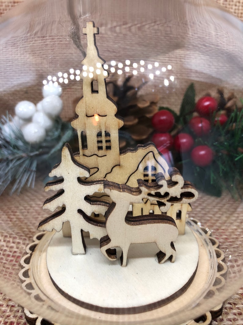 Wooden Christmas Church Scene in Glass Dome Etsy