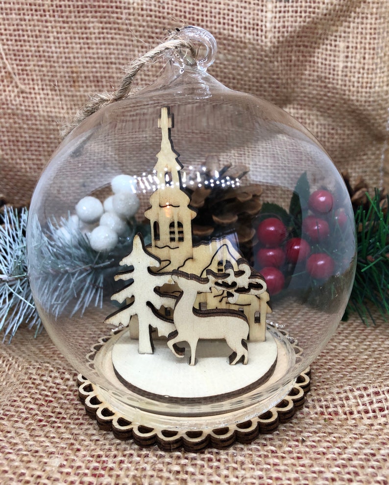 Wooden Christmas Church Scene in Glass Dome Etsy